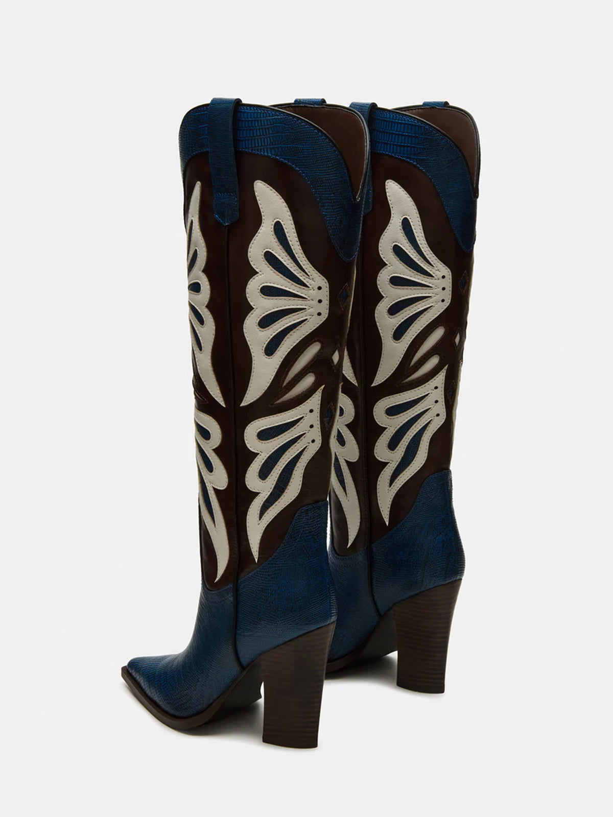 Contrast Blue Lizard And Black Pointed-Toe Wings Applique Knee High Cowgirl Boots