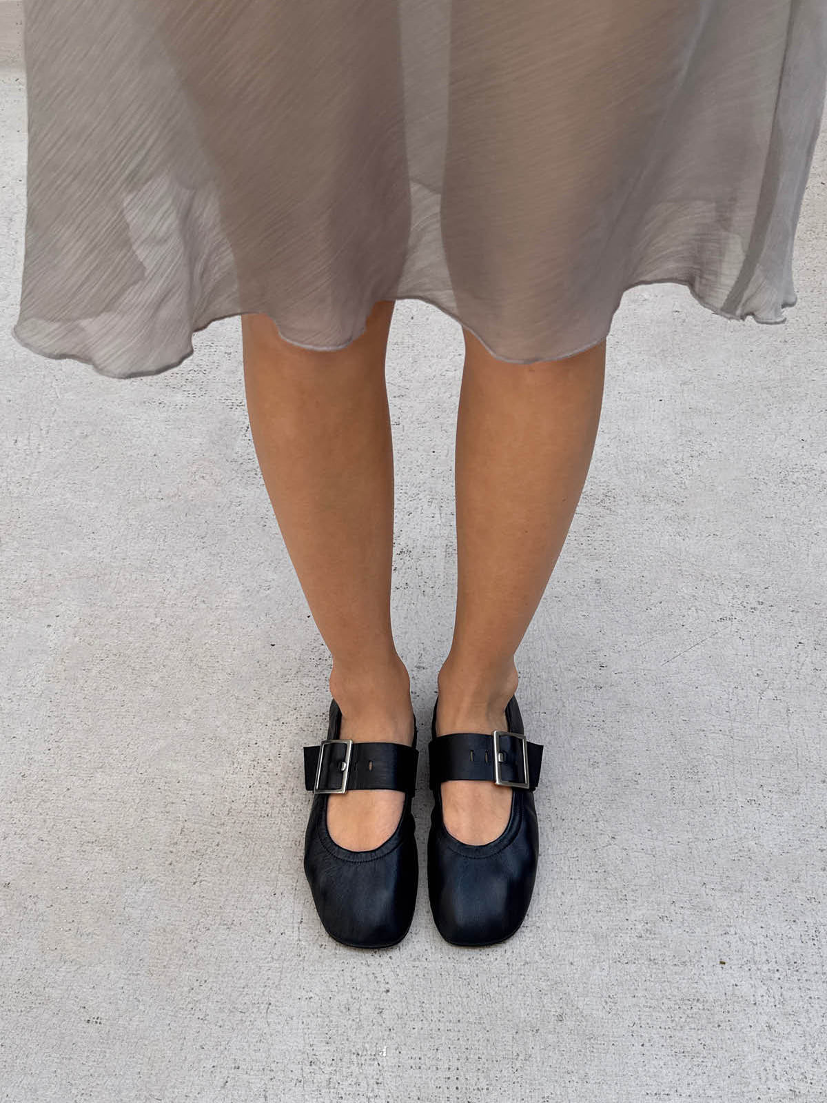 Black Square-Toe Big Buckle Middle Strap Chic Ballet Flats