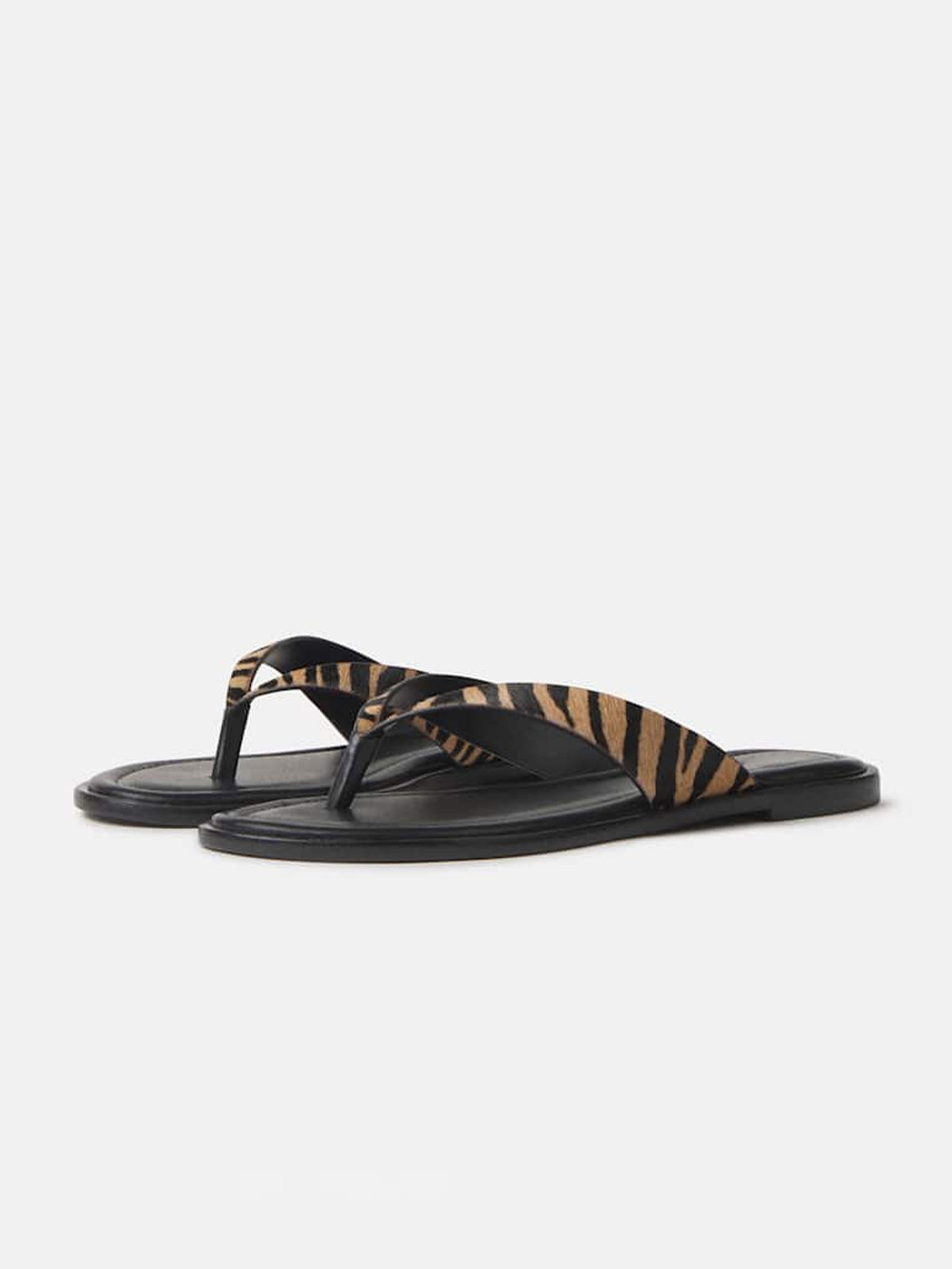 Zebra Pattern Pony Hair Vegan Leather Round-Toe Flip-Flop Slip-On Flats Sandals
