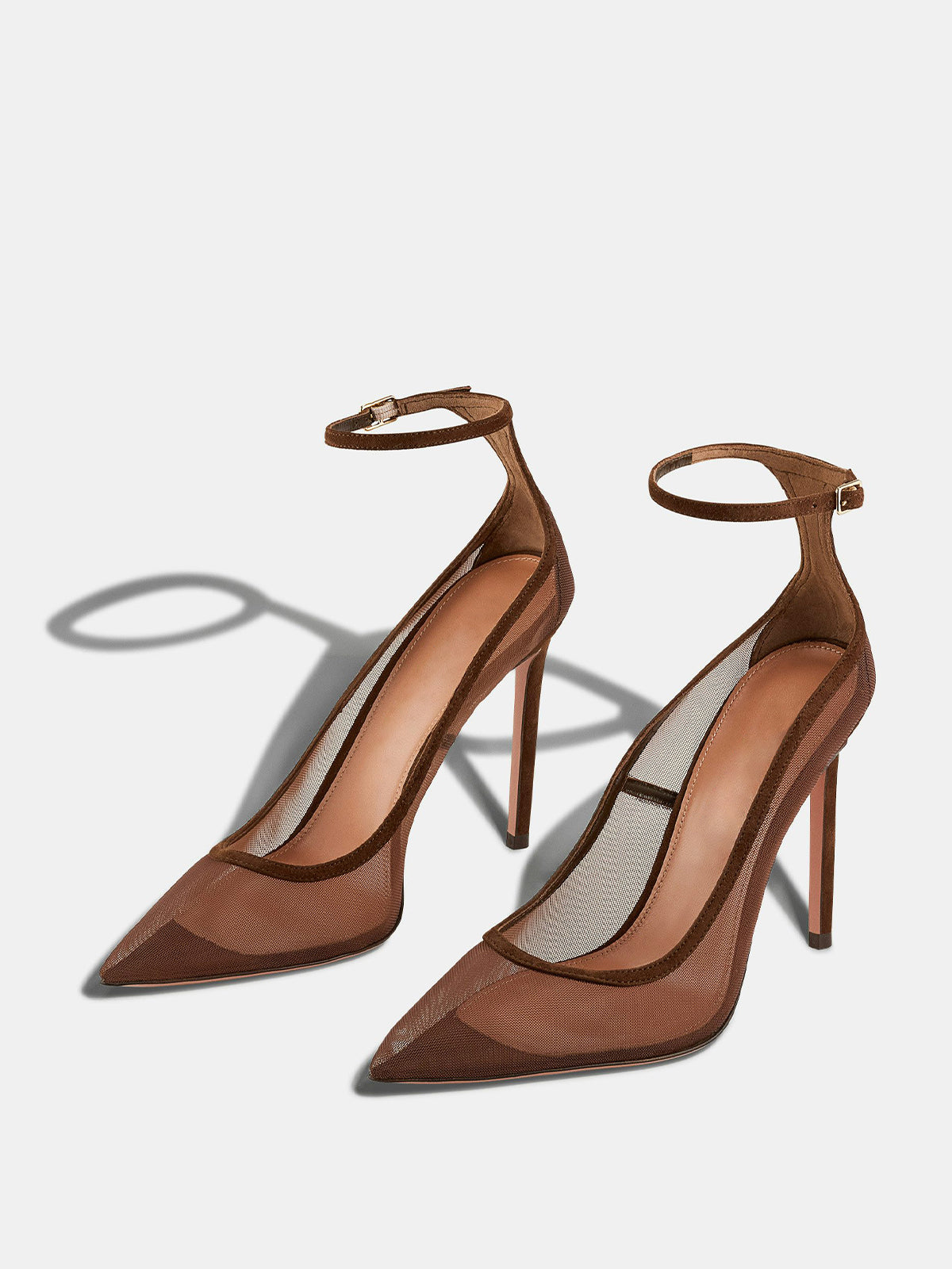 Brown Mesh Pointed-Toe High Heels Pumps With Ankle Strap