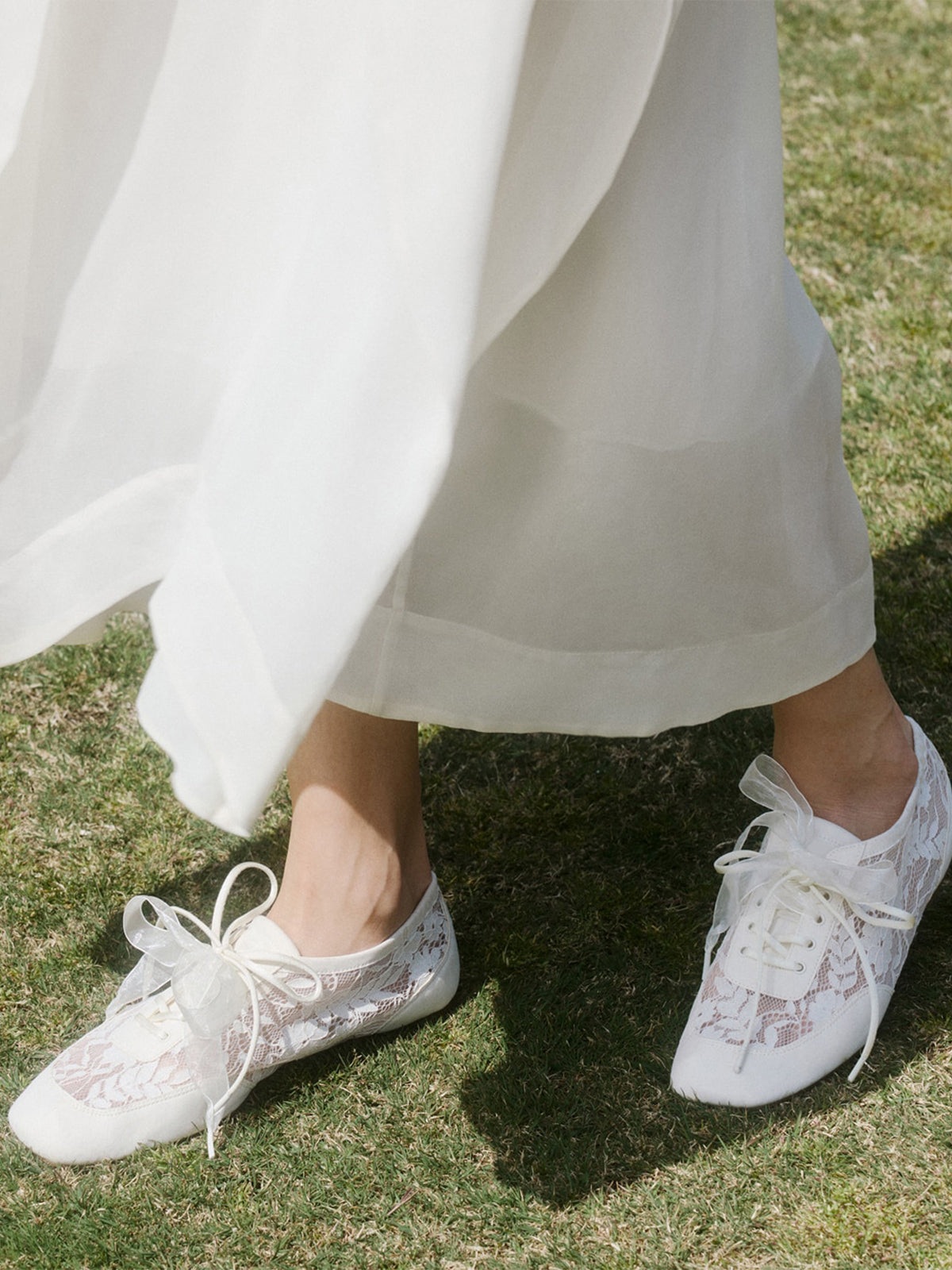 Cream Lace Mesh And Faux Suede Square-Toe Floral Embroidery Lace-Up Flats