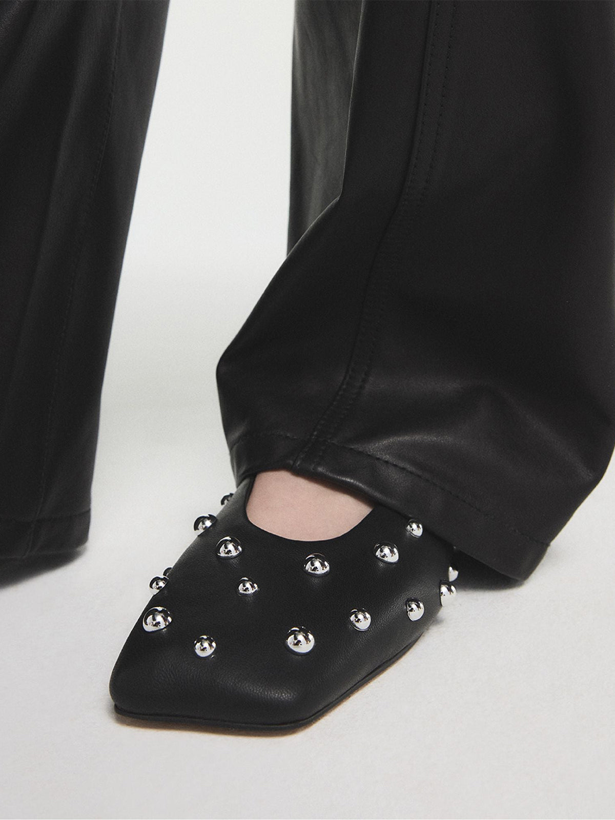 Black Square-Toe Full Studs Ankle Strap Ballet Flats