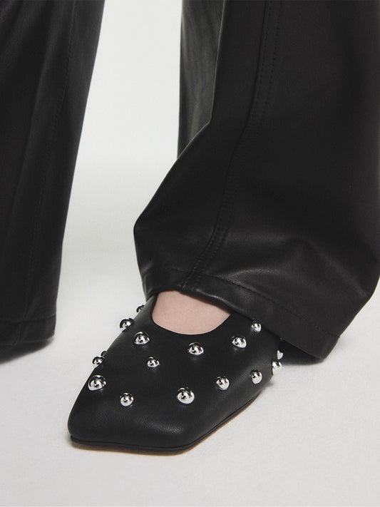 Black Square-Toe Full Studs Ankle Strap Ballet Flats