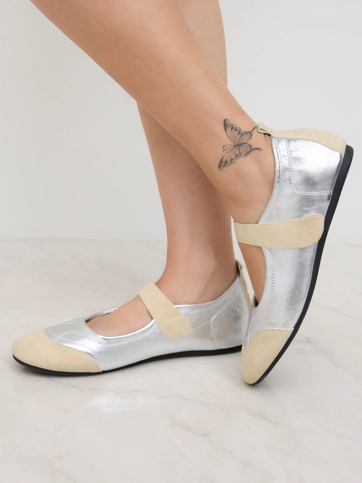 Beige And Silver Round-Toe Chic Mary Jane Classic Flats