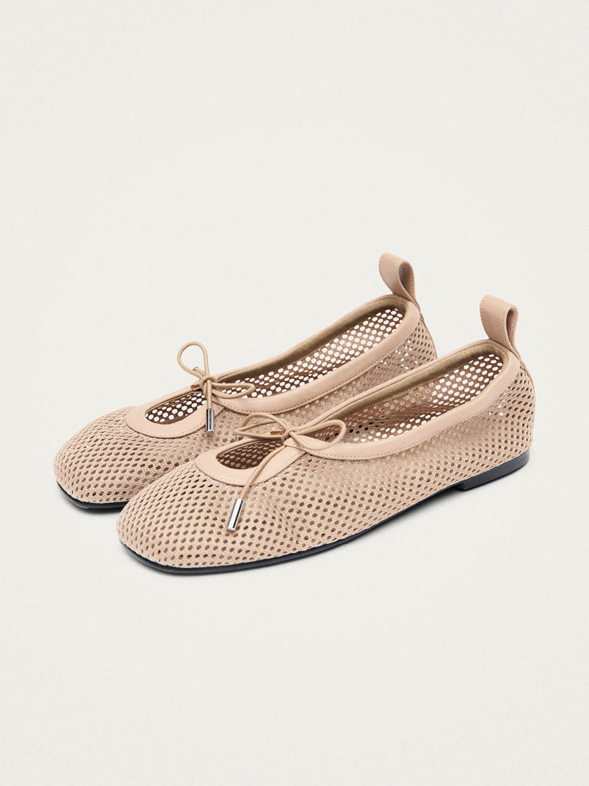 Bone Mesh And Vegan Leather Square-Toe Middle Bow Ballet Flats