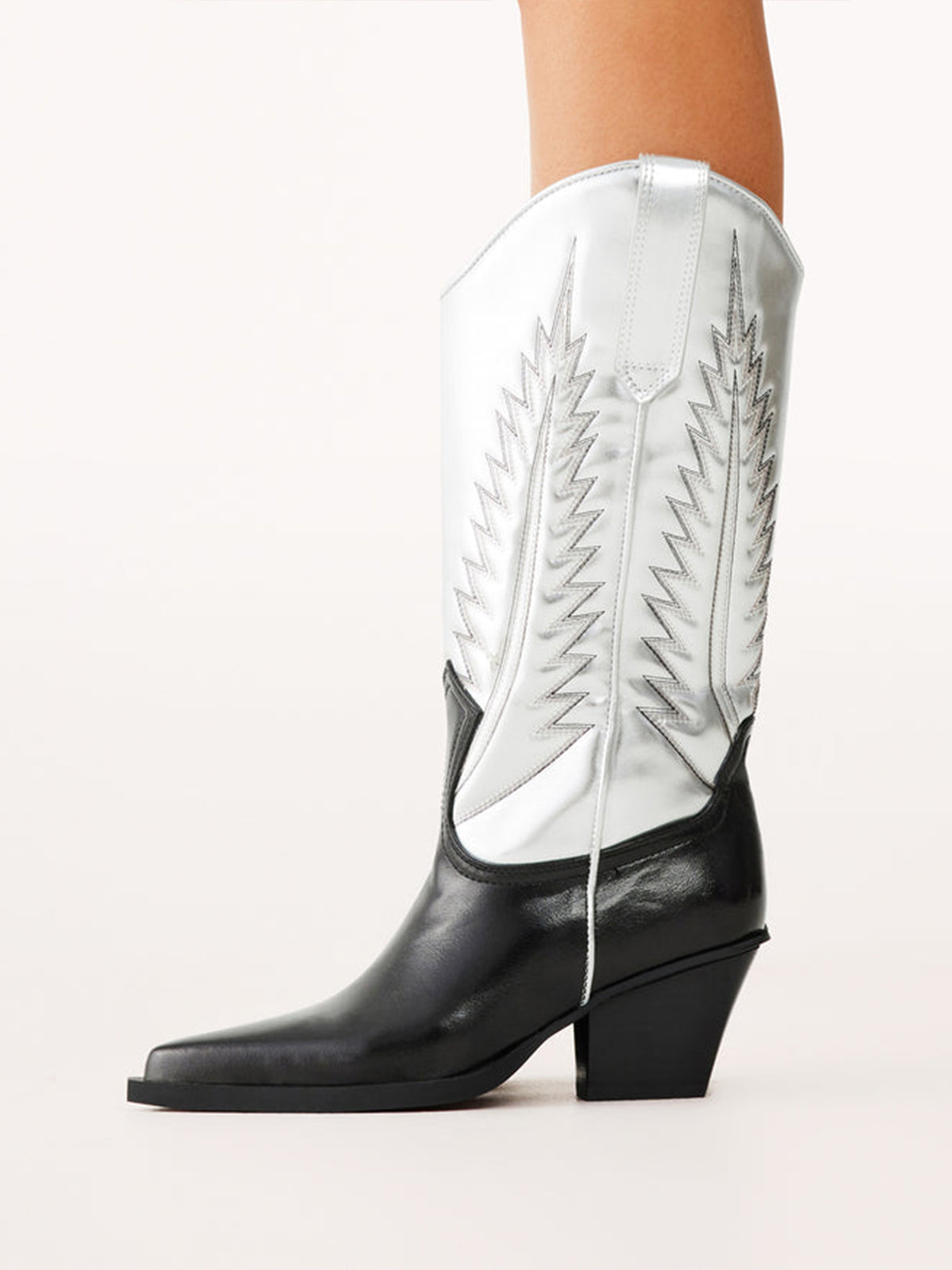 Contrast Silver And Black Pointed-Toe Embroidery Western Mid Calf Cowgirl Boots