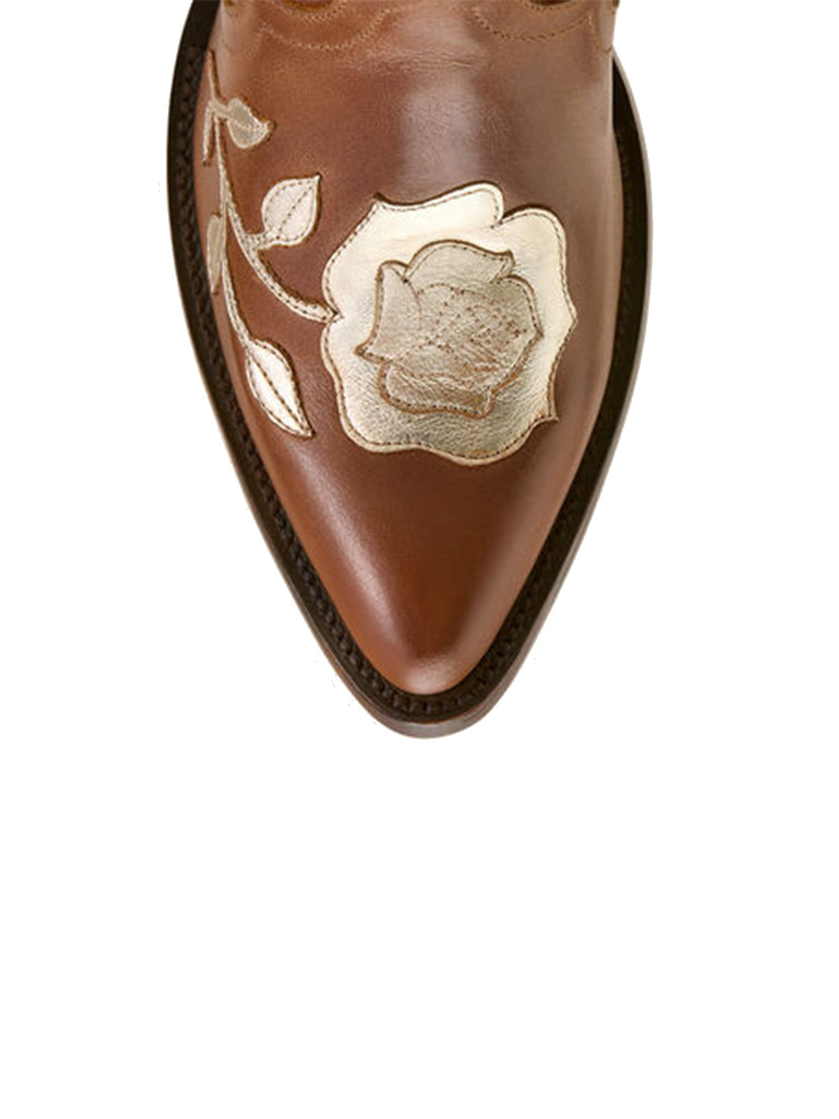 Tan Almond-Toe Big Metallic Rose Applique Ankle Cowgirl Boots