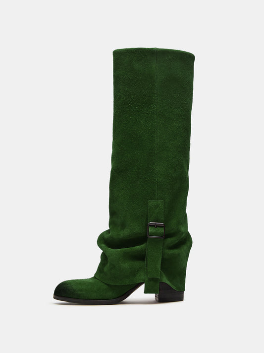 Grass Green Faux Suede Round-Toe Fold-Over Adjustable Buckle Knee High Cowgirl Boots