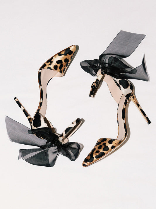 Leopard Satin Pointed-Toe Back Ankle Bow And Ankle Strap High Heels