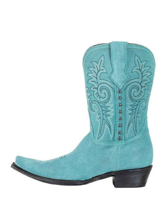 Snip-Toe Chic Embroidery And Side Studs Ankle Cowgirl Boots - Turquoise