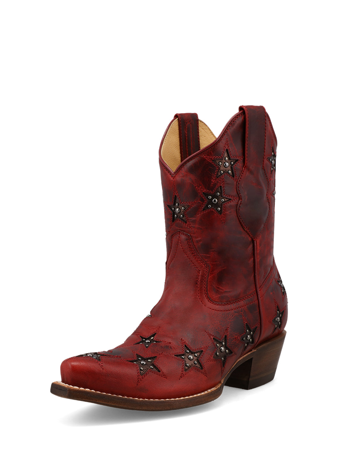 Distressed Brown Studded Snip-Toe Cowgirl Ankle Booties With White Star Inlay