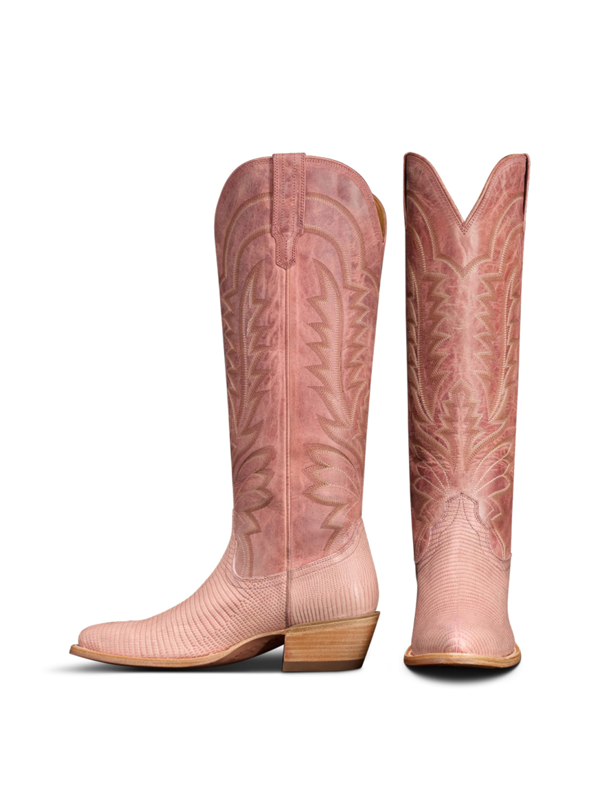 Western Embroidery Almond-Toe Tall Knee High Cowgirl Boots - Distressed Pink