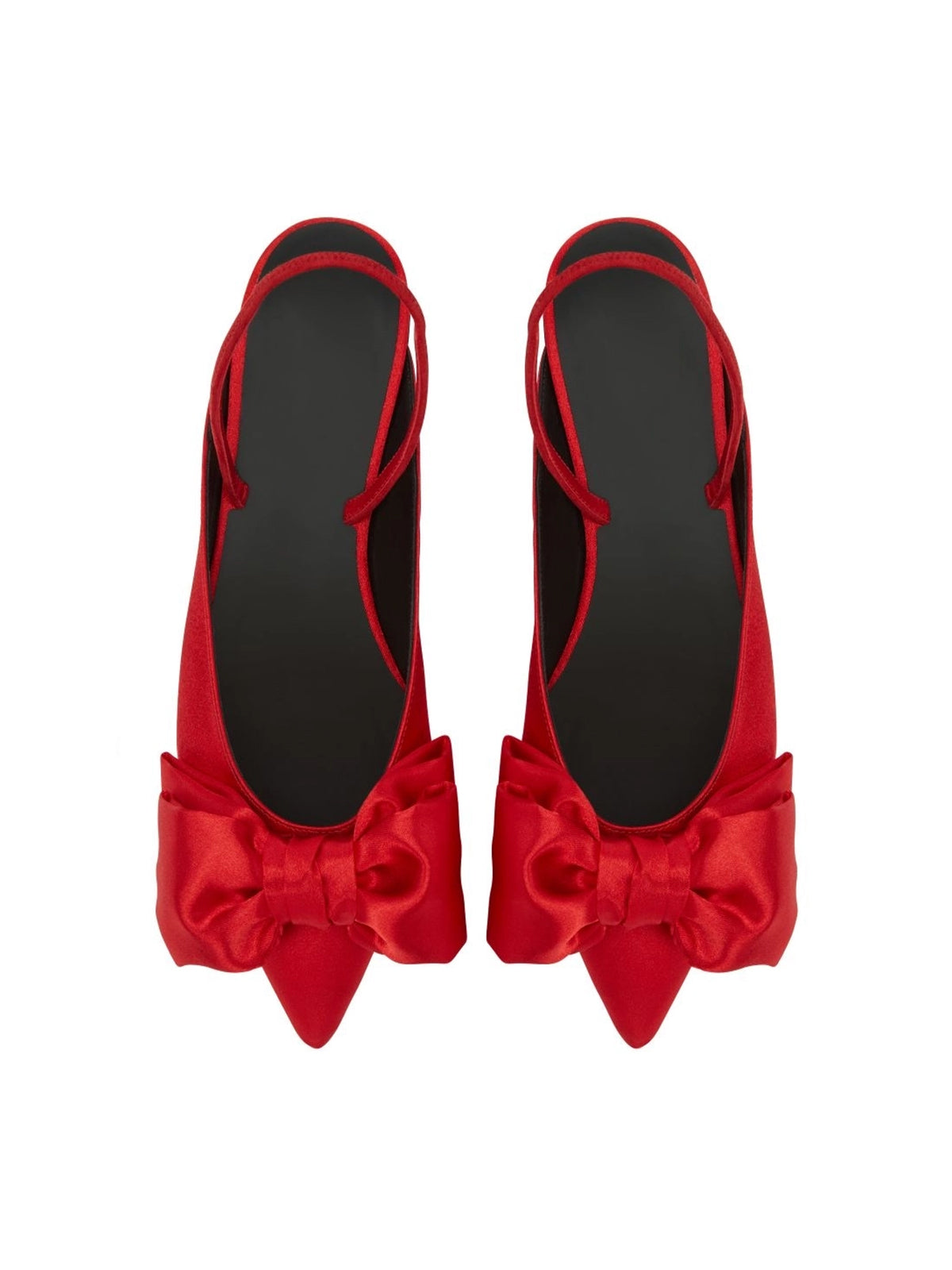 Red Satin Pointed-Toe Front Big Bow Slingback Chic Flats