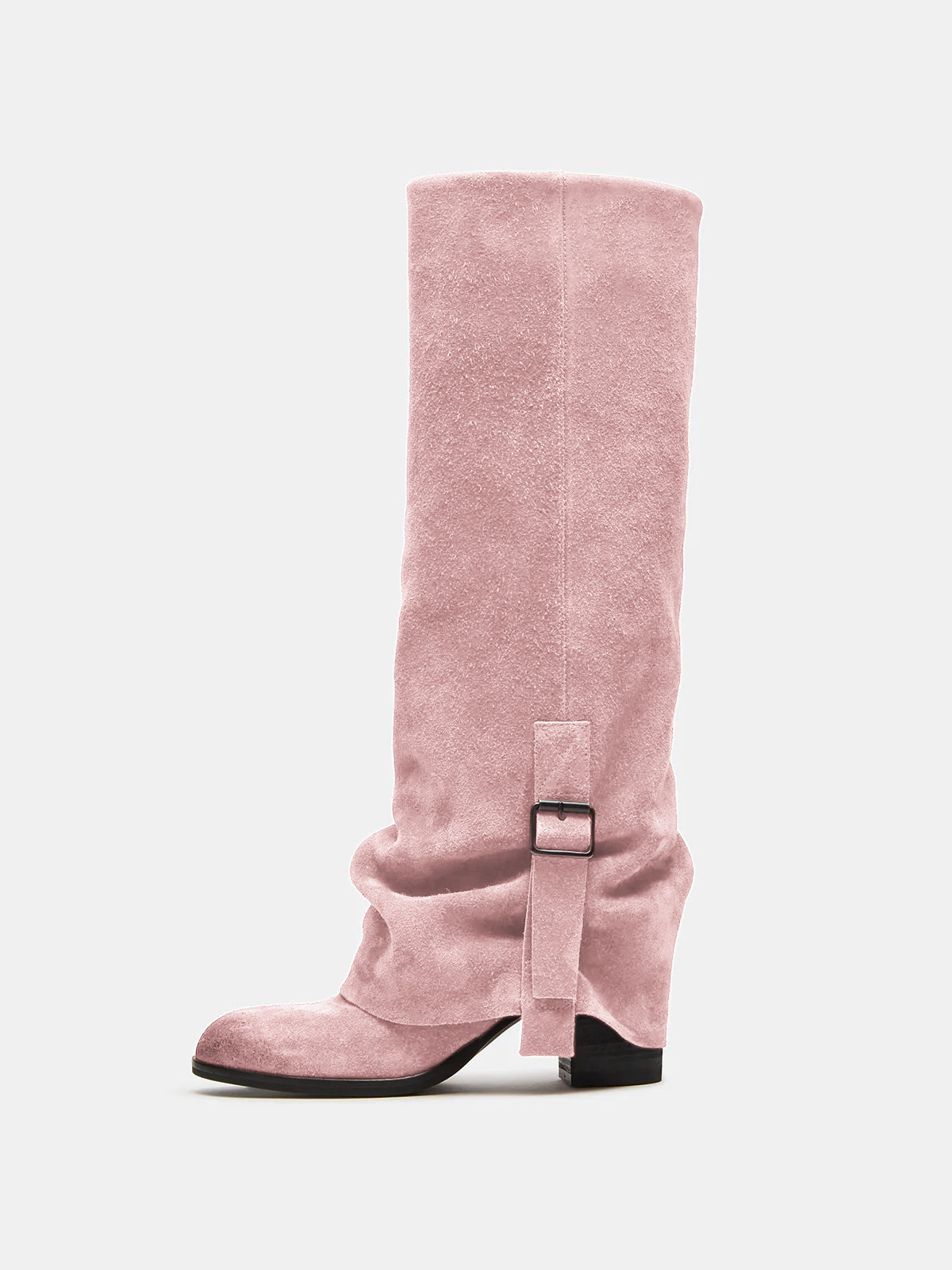 Pink Faux Suede Round-Toe Fold-Over Adjustable Buckle Knee High Cowgirl Boots