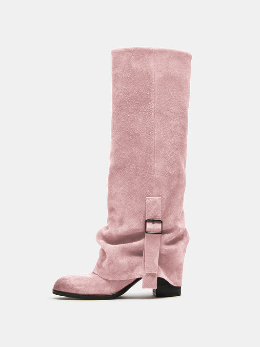 Pink Faux Suede Round-Toe Fold-Over Adjustable Buckle Knee High Cowgirl Boots