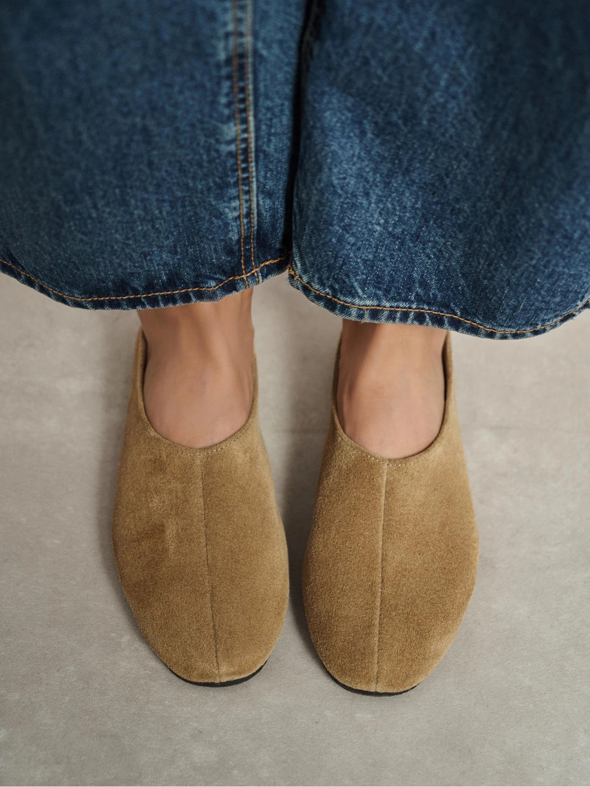 Camel Cow Suede Round-Toe Slip-On Simple Flats