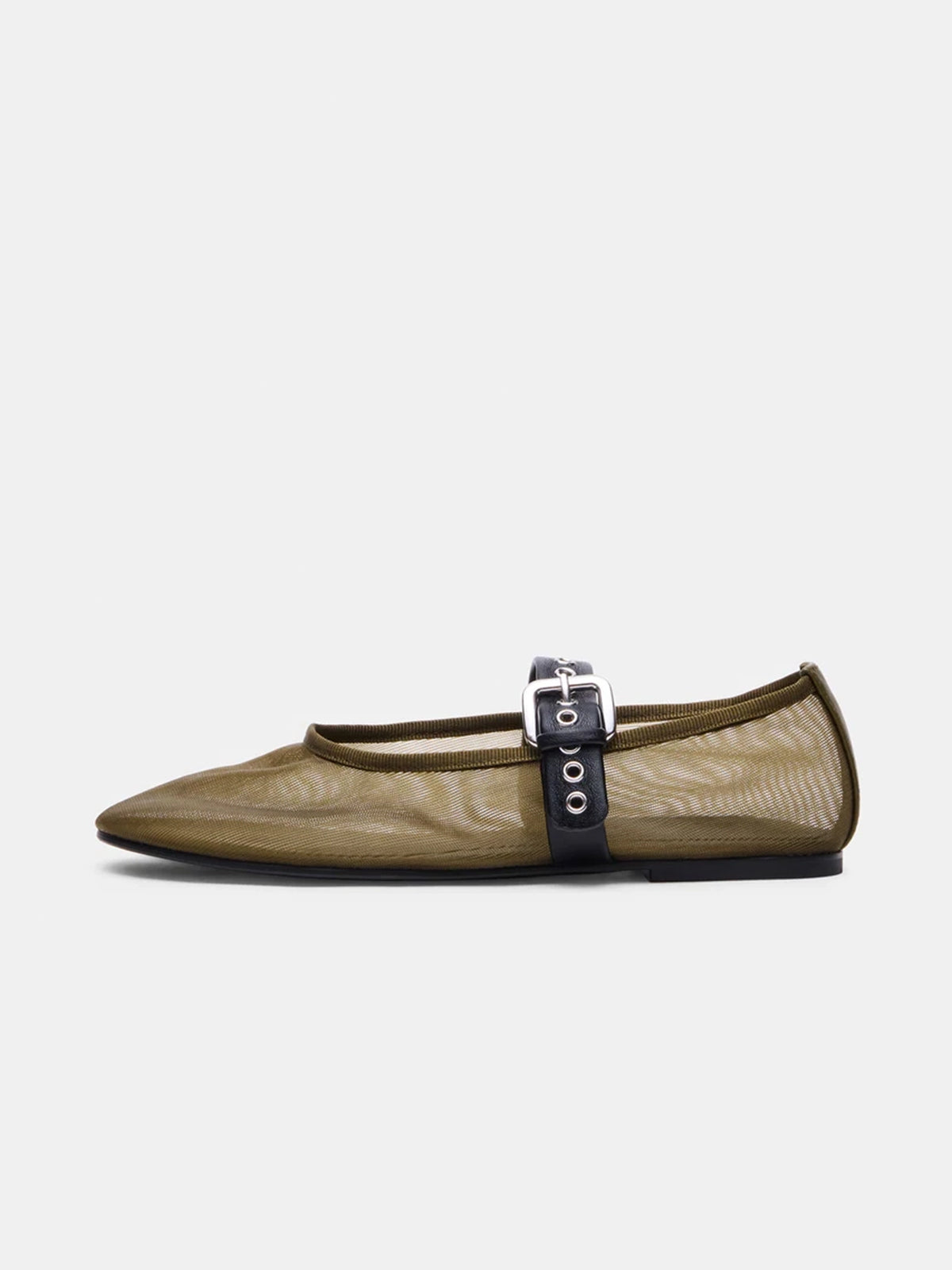 Olive Green Mesh Round-Toe Bridge Buckle Strap Ballet Flats