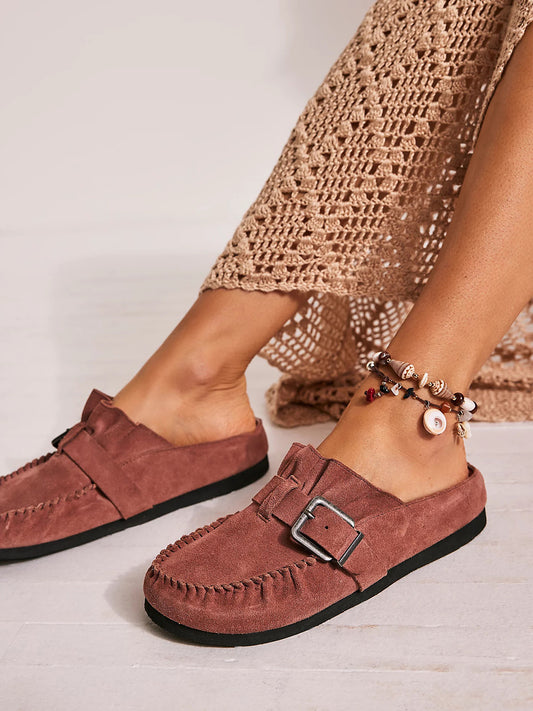 Dark Sand Faux Suede Round-Toe Buckle Strap Backless Mules Flats