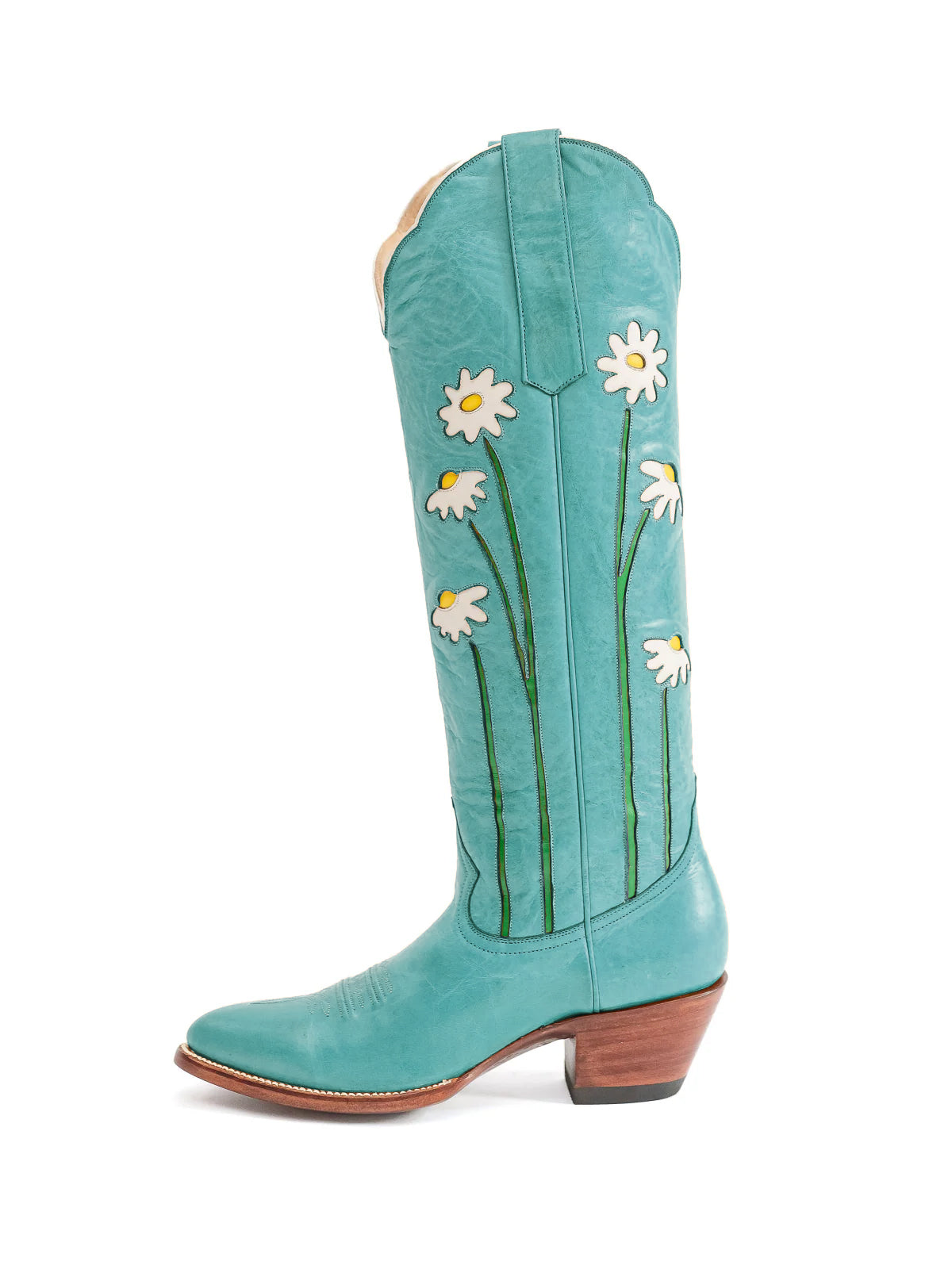 Teal Almond-Toe Wide Calf Western Boots Knee High Tall Boots With Floral Inlay