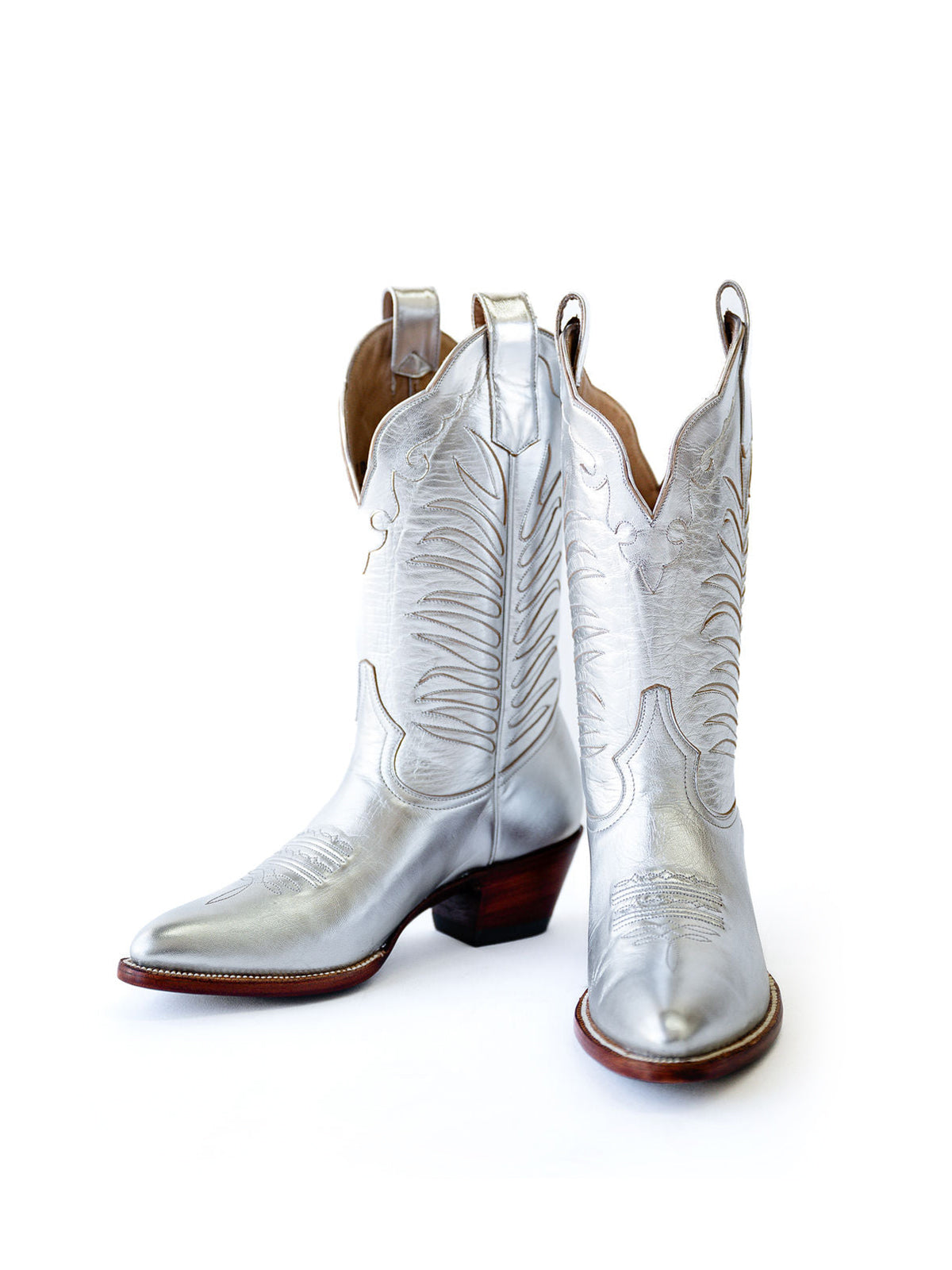 Metallic Silver Almond-Toe Inlay Applique Mid Calf Cowgirl Boots