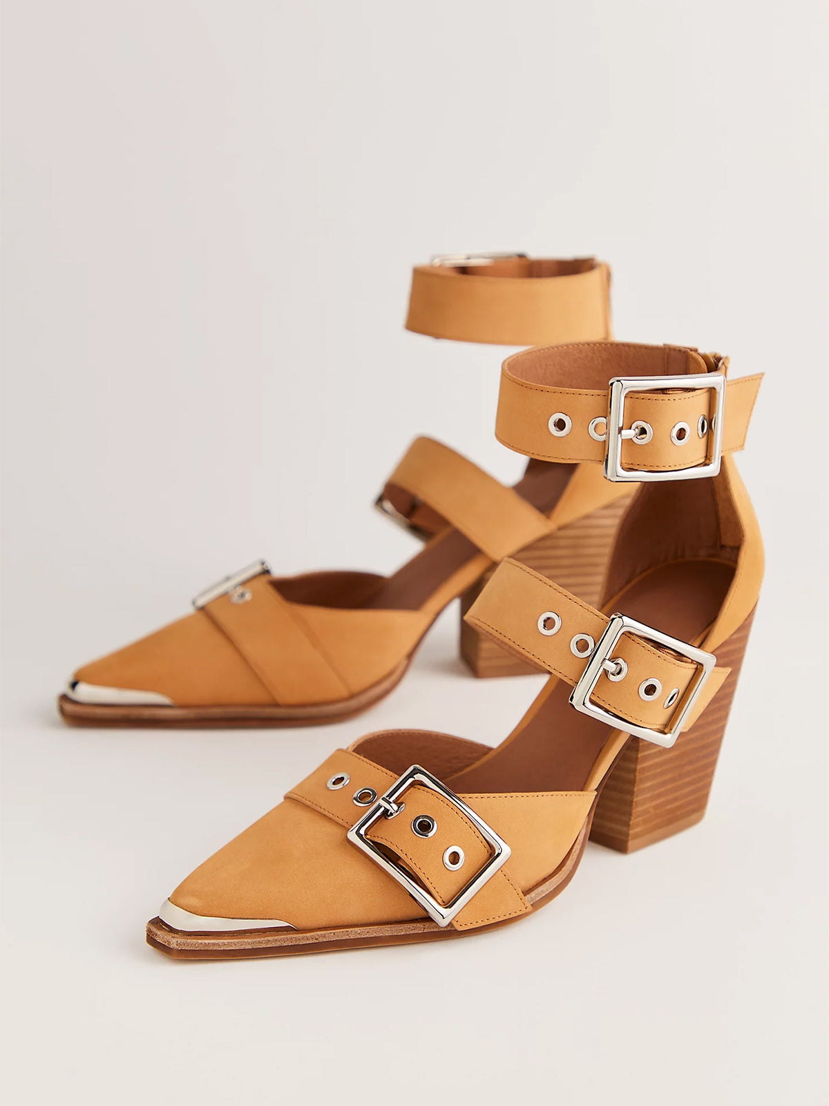 Pointed-Toe Three Buckled Straps Back Zip Chunky High Heels - Camel