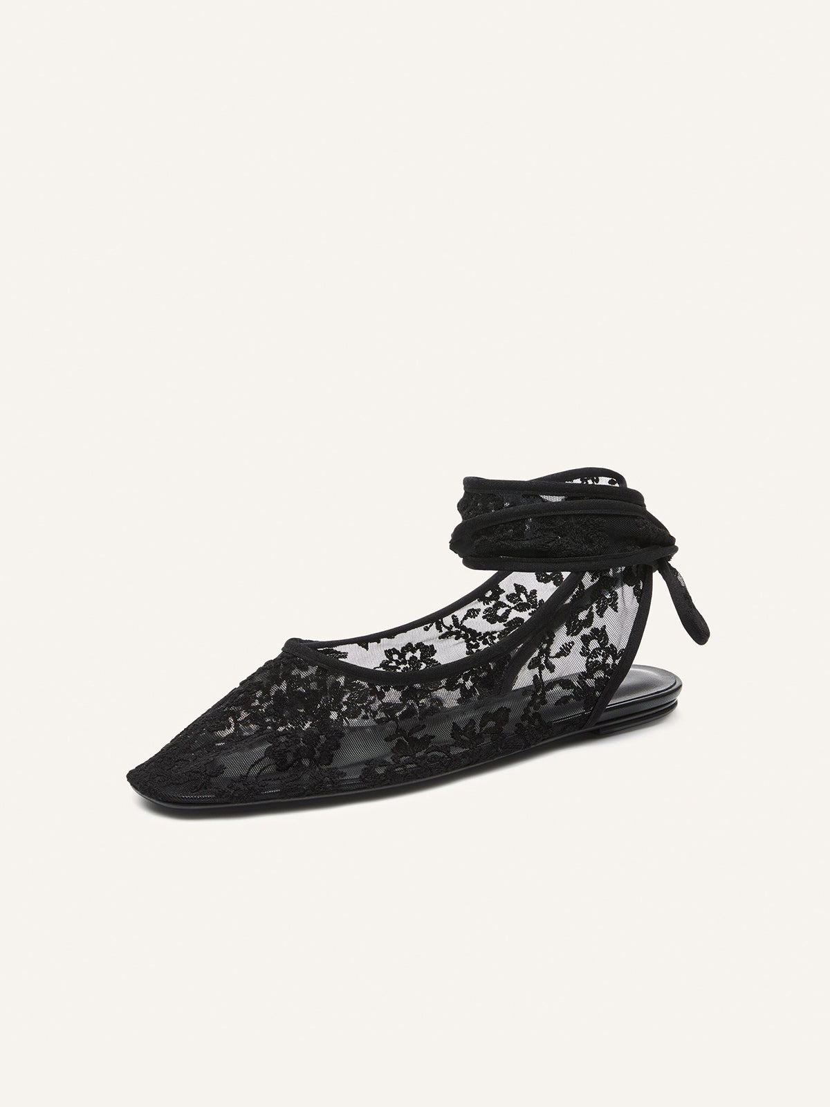 Black Lace Mesh Square-Toe Slingback Ankle Strap Flats