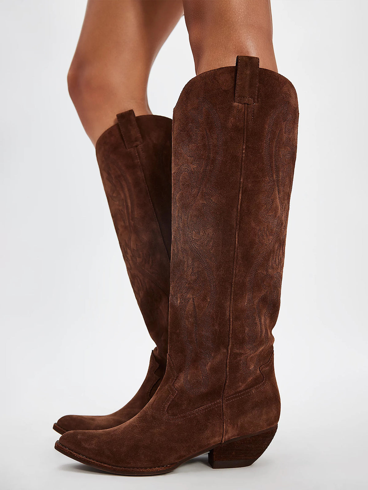 Brown Faux Suede Pointed-Toe Embroidery Wide Calf Knee High Cowgirl Boots For Women