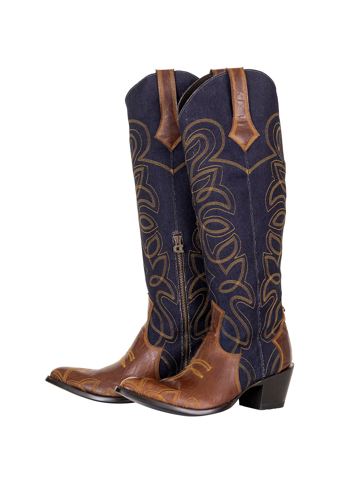Contrast Blue Denim And Vegan Leather Almond-Toe Embroidery Half-Zip Knee High Cowgirl Boots