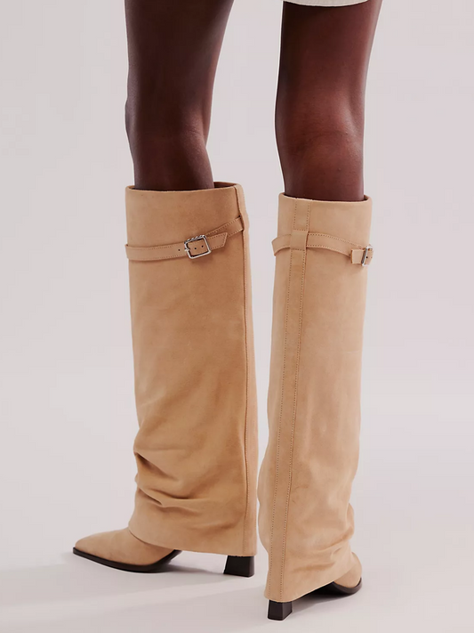 Faux Suede Pointed-Toe Buckle Fold-Over Mid Calf Boots - Sand