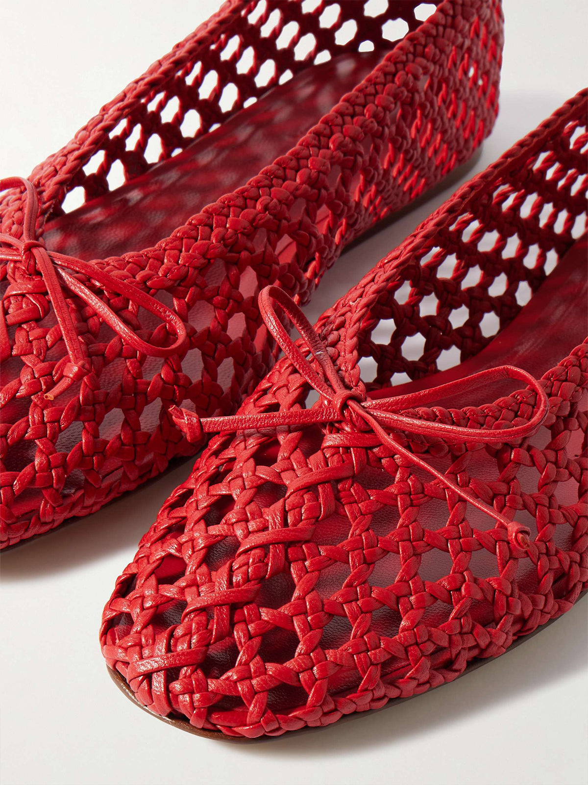 Woven Round-Toe Ballet Flats With Bow - Red