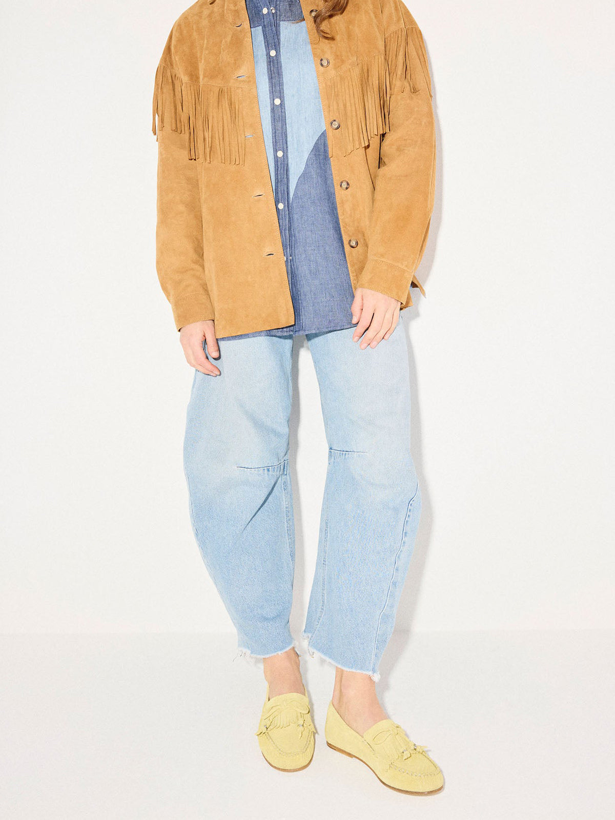 Yellow Cow Suede Round-Toe Front Fringe And Bow Loafers Flats
