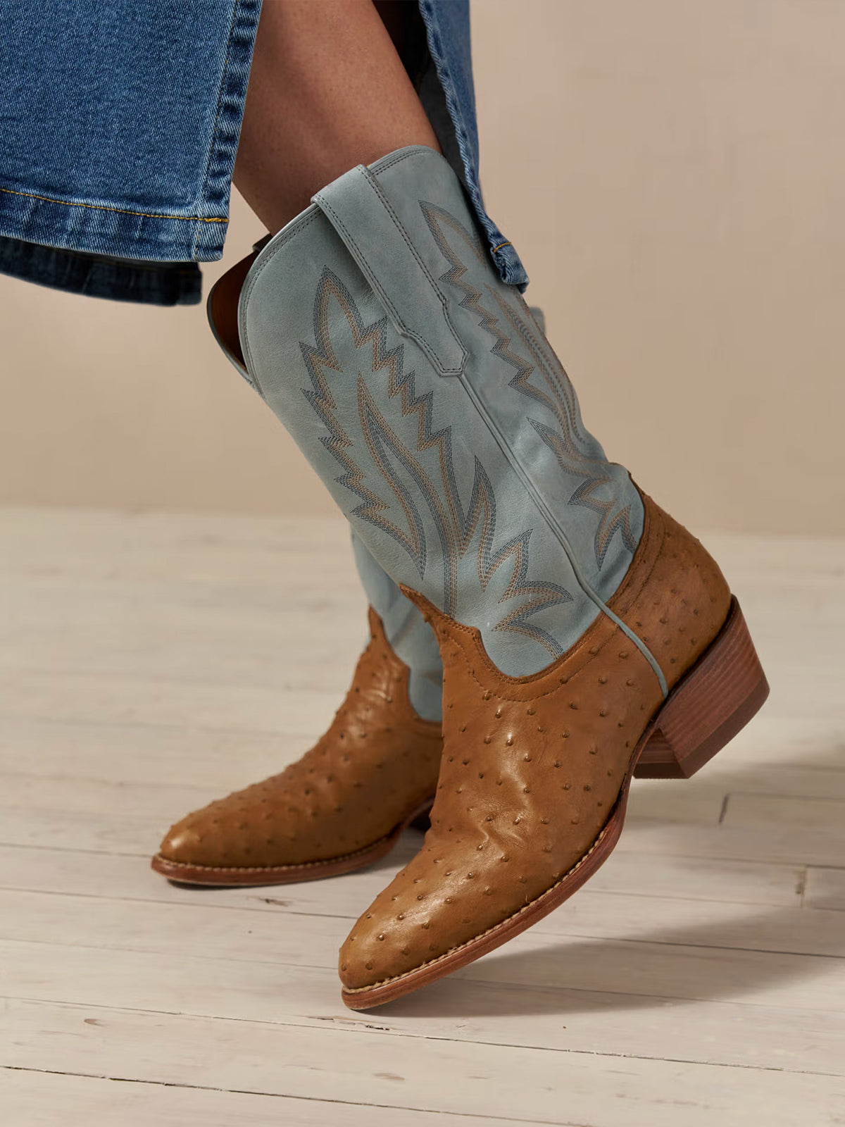 Contrast Blue And Tan Ostrich Print Almond-Toe Embroidery Mid Calf Cowgirl Boots