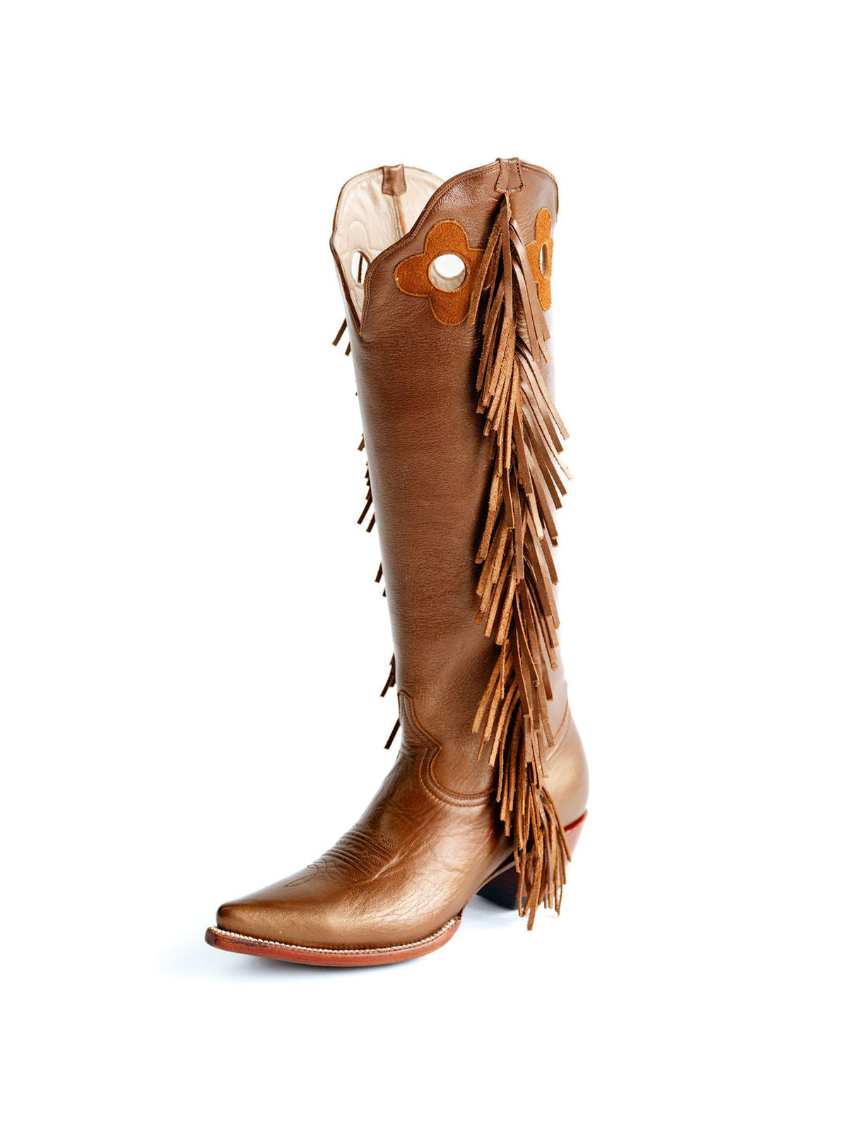 Bronze Pointed-Toe Side Fringes And Cutout Wide Calf Knee High Cowgirl Boots