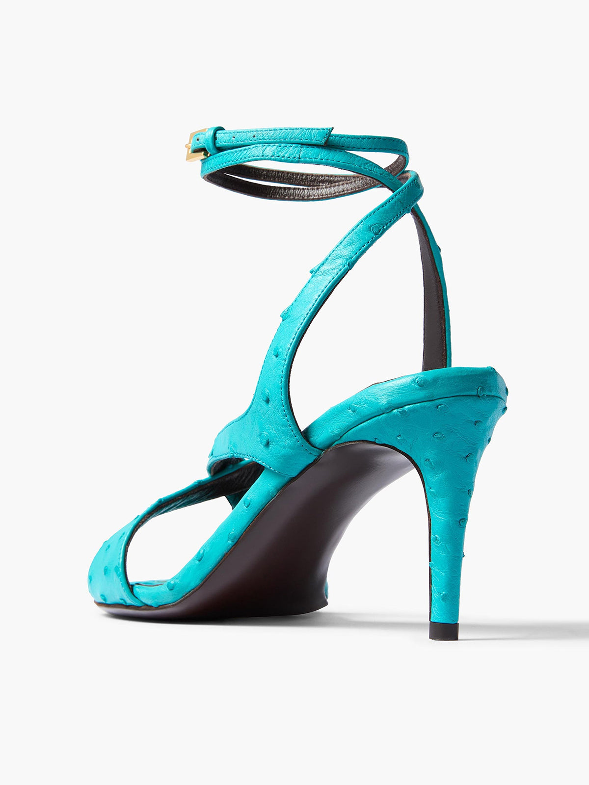 Blue Ostrich Pattern Round-Toe Crossed Straps Back And Ankle Strap Sandals Kitten Heels