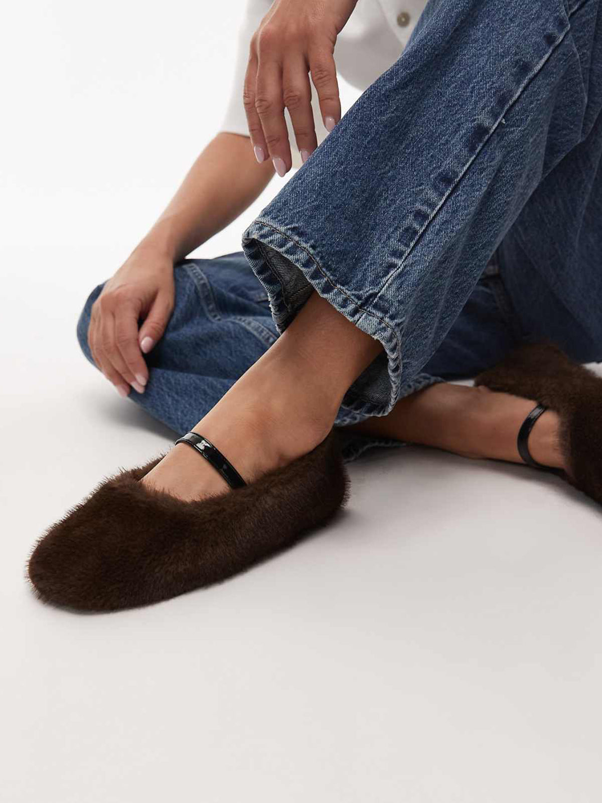 Dark Brown Plush Round-Toe Patent Bridge Strap Ballet Flats