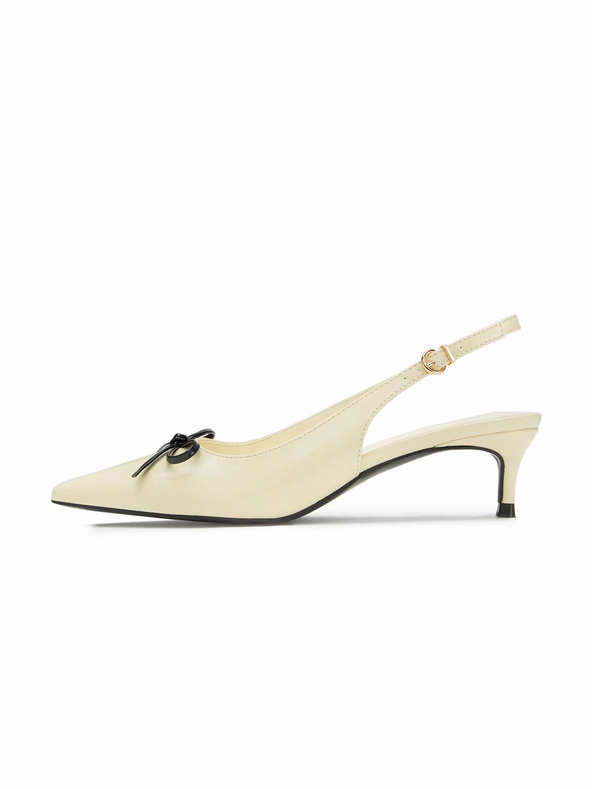 Light Yellow Pointed-Toe Front Bow Buckle Back Strap Kitten Heels