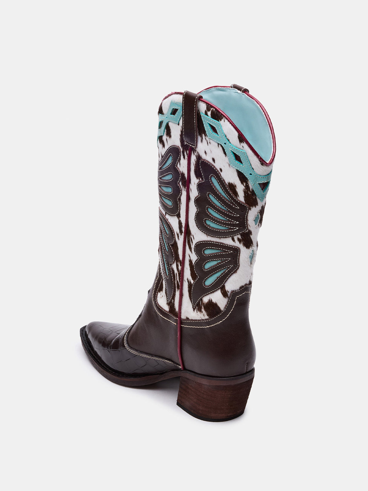 Contrast Tri-Color Crocodile And Cow Print Pointed-Toe Butterfly Inlay Mid Calf Cowgirl Boots