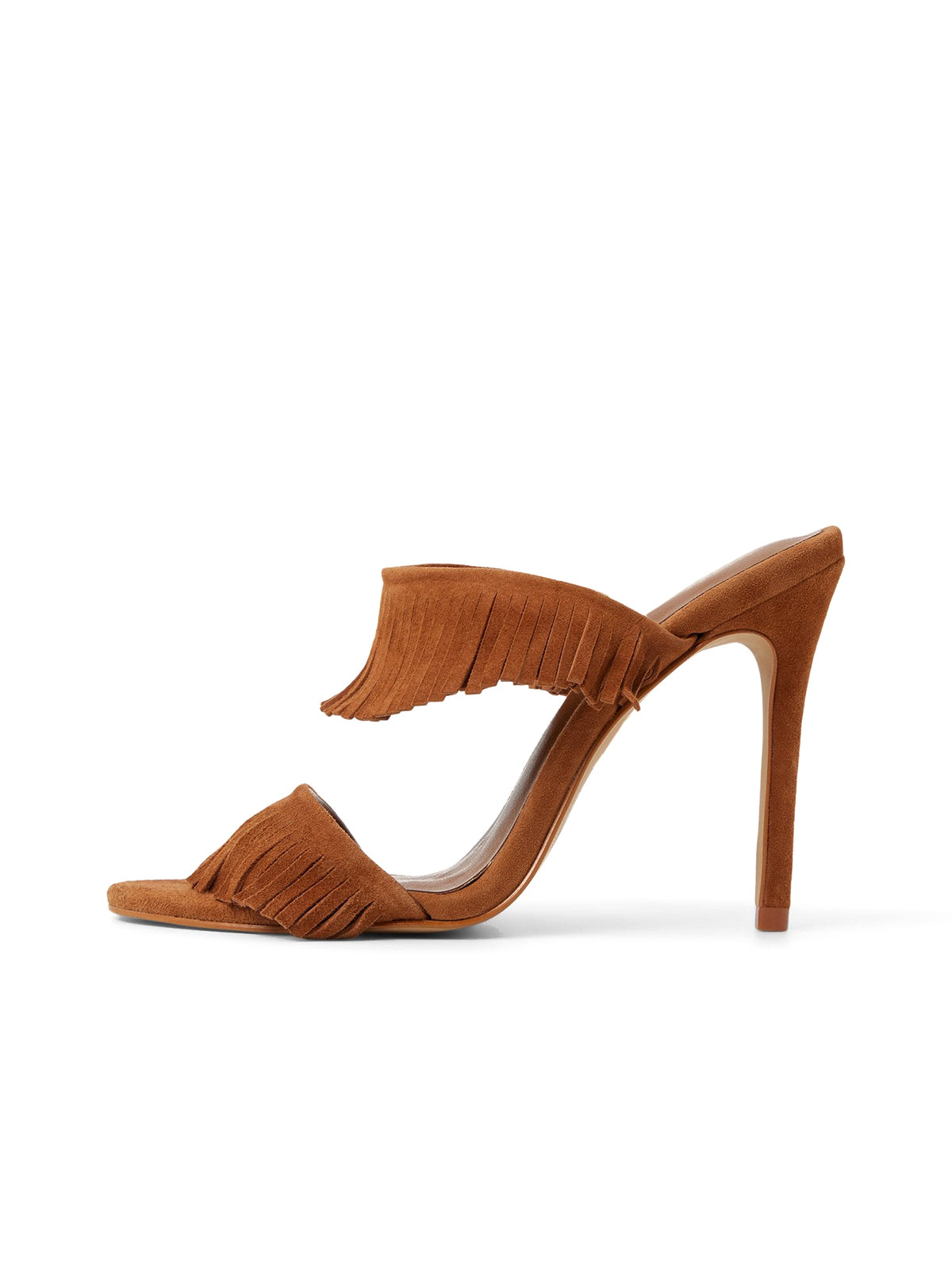 Brown Faux Suede Open Round-Toe Fringe High Heels