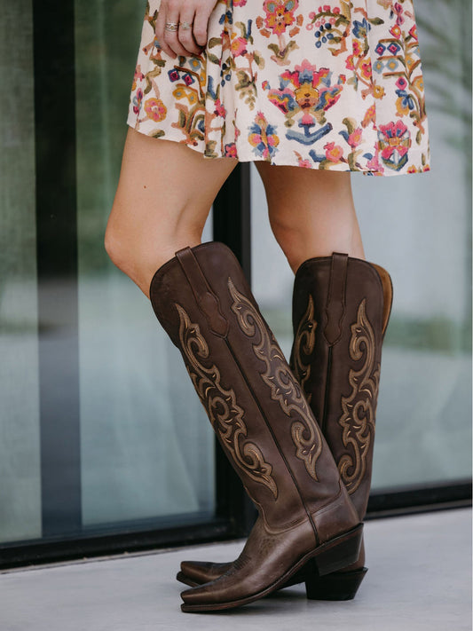 Chocolate Western Embroidery Tall Snip-Toe Knee High Cowgirl Boots