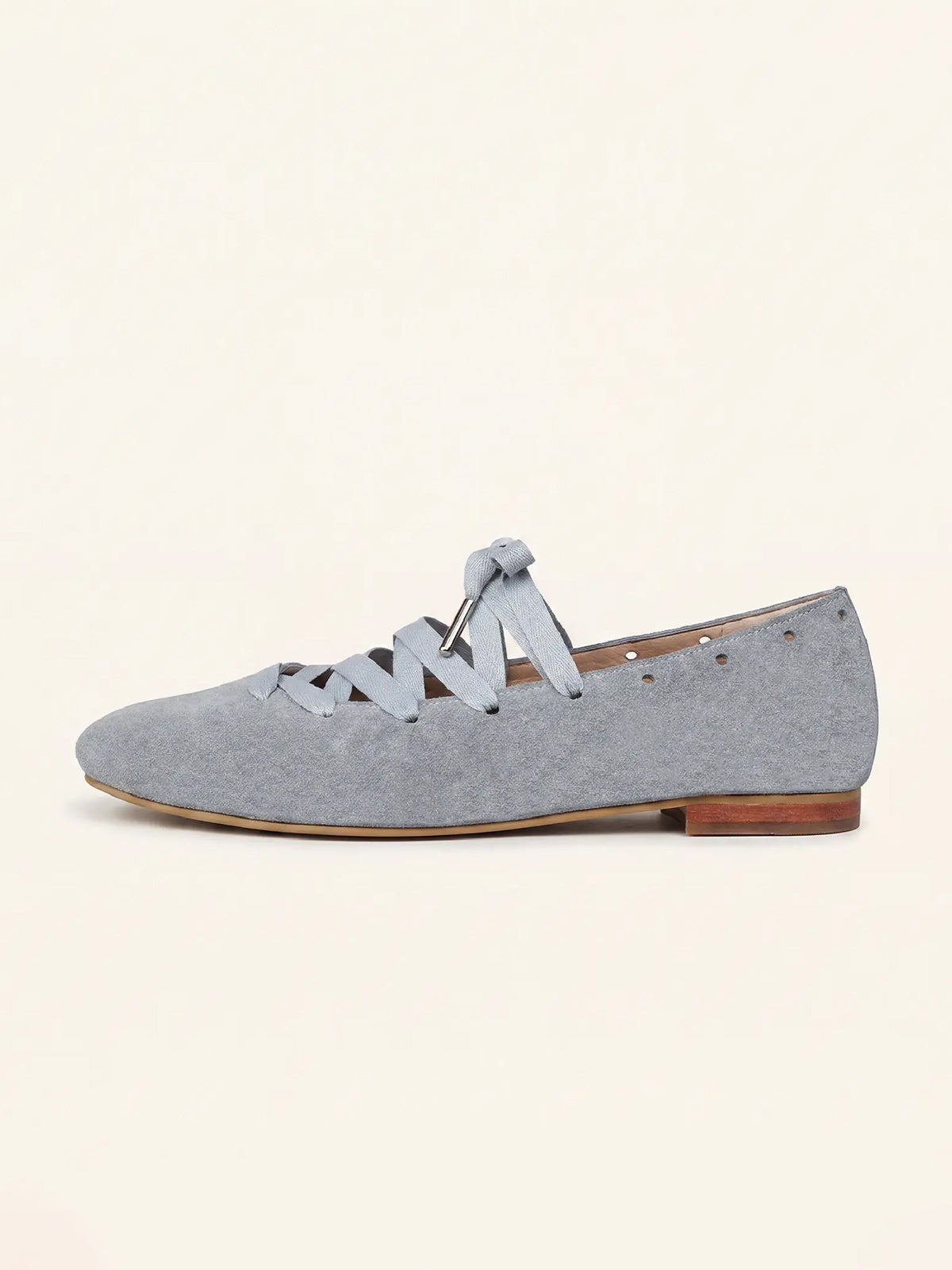 Gray Faux Suede Round-Toe Lace-Up Stylish Ballet Flats