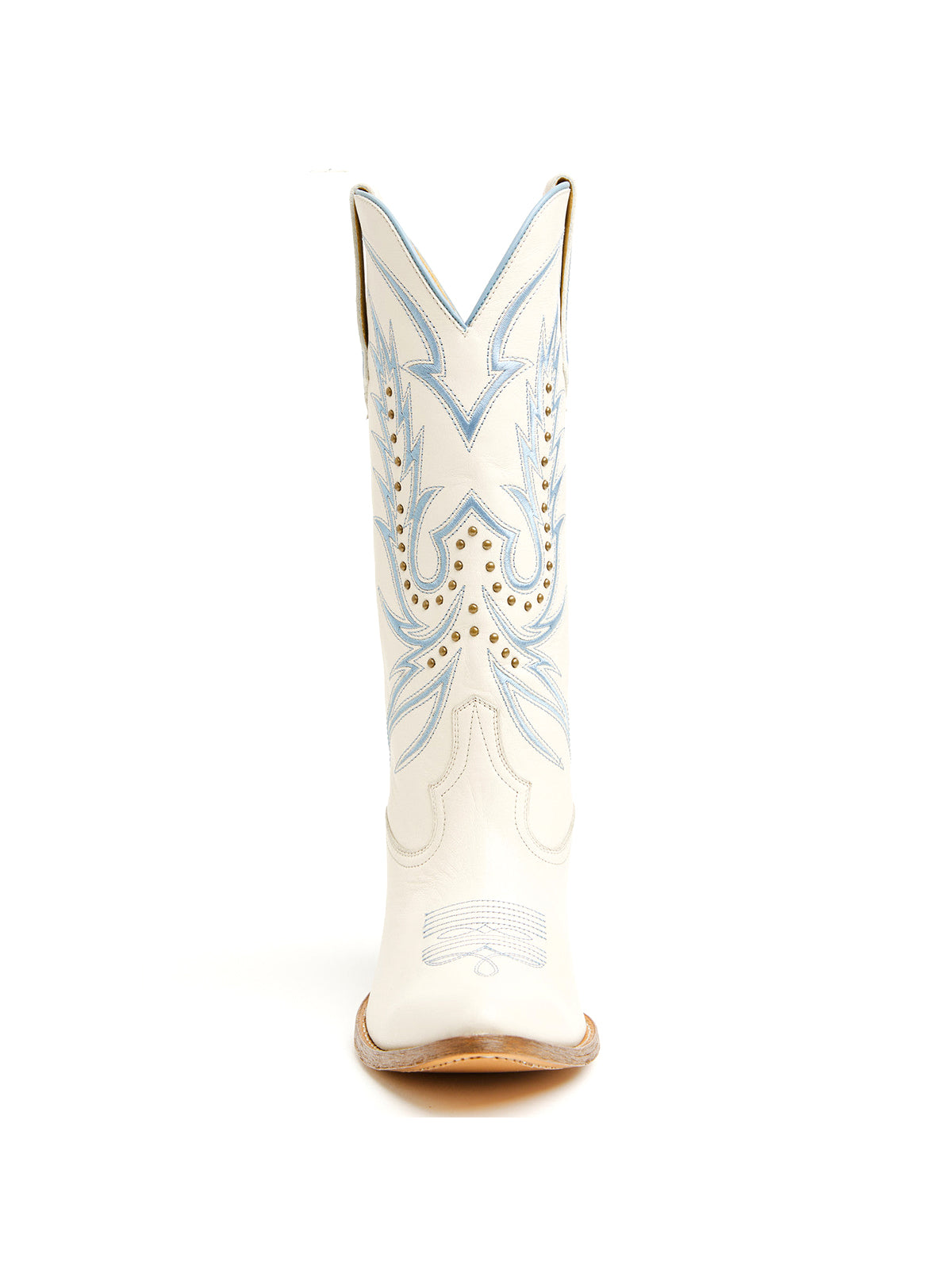 Ivory Round-Toe Chic Embroidery And Studs Mid Calf Cowgirl Boots