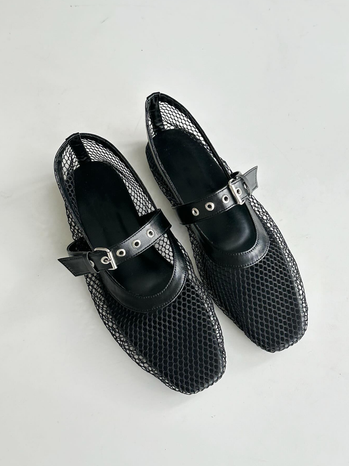 Black Fishnet Square Toe Ballet Flats Grommet Buckle Strap Mary Janes