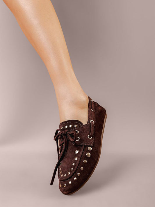 Maroon Faux Suede Round-Toe Studs And Bow Classic Boat Shoes Flats