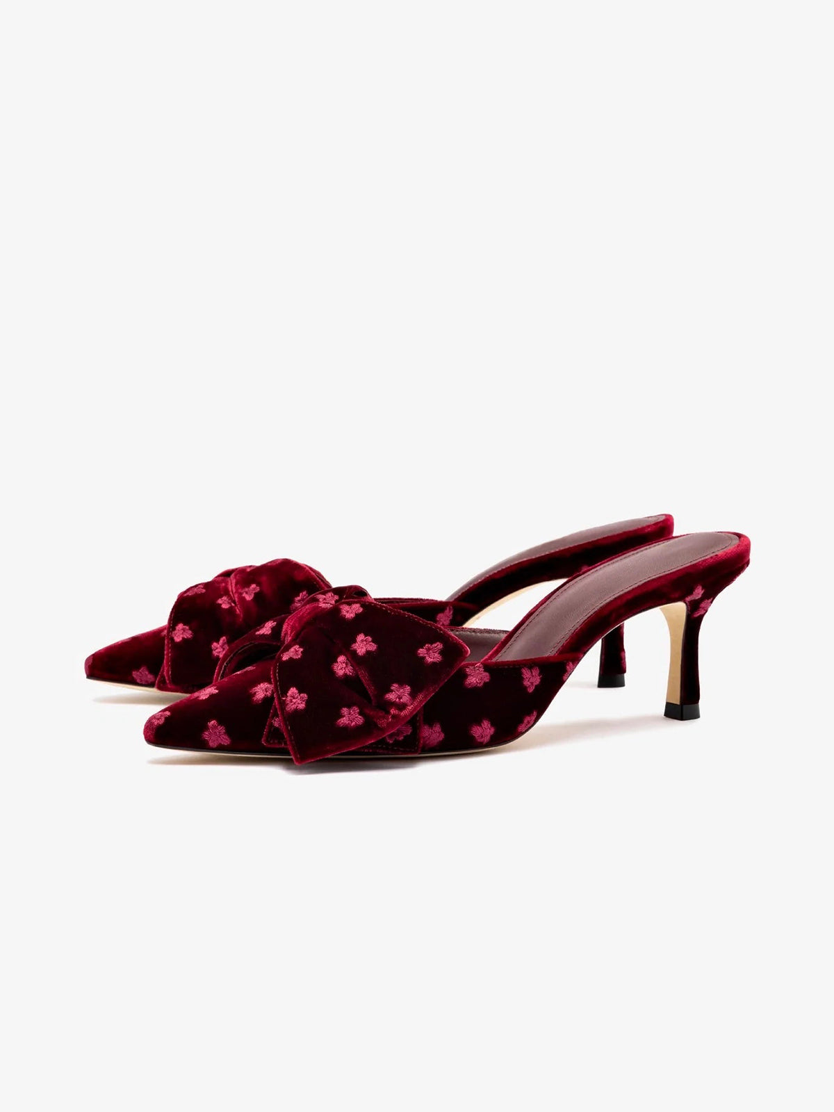 Wine Red Velvet Pointed-Toe Flowers Embroidery Big Front Bow High Heels
