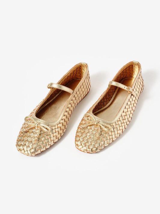 Metallic Gold Woven Vegan Leather Square-Toe Front Bow And Mary Jane Flats
