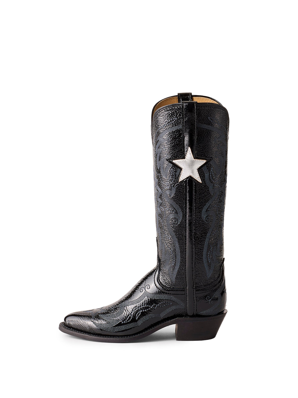 Patent Black Stitch Pointed-Toe Mid Calf Cowgirl Boots With Metallic Star Applique