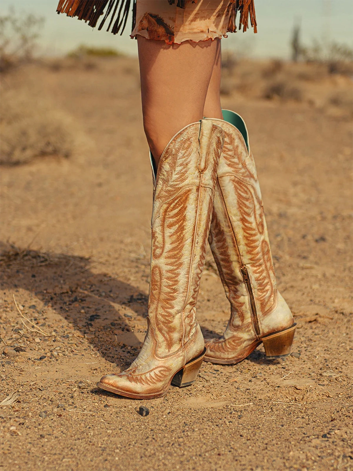 Almond-Toe Classic Embroidery Half-Zip Over-The-Knee Cowgirl Boots - Bone