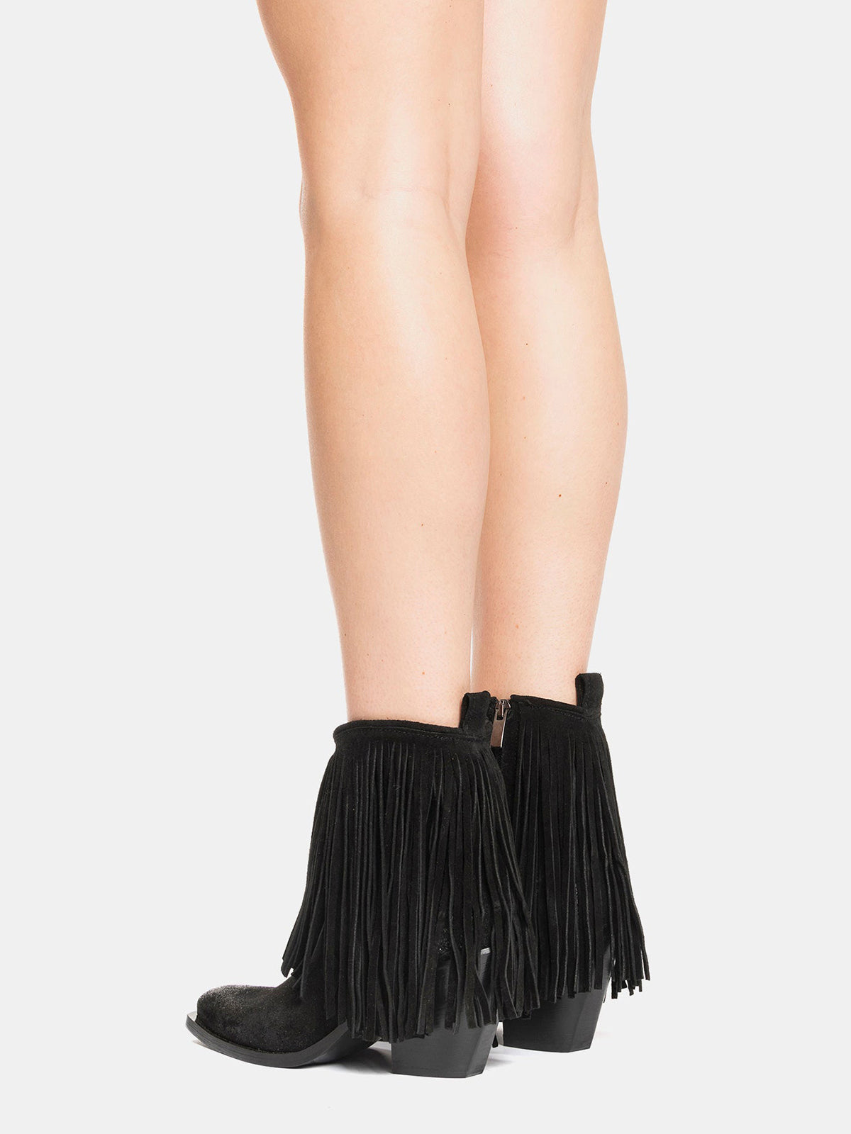 Black Faux Suede Snip-Toe Fringe Full-Zip Ankle Cowgirl Boots