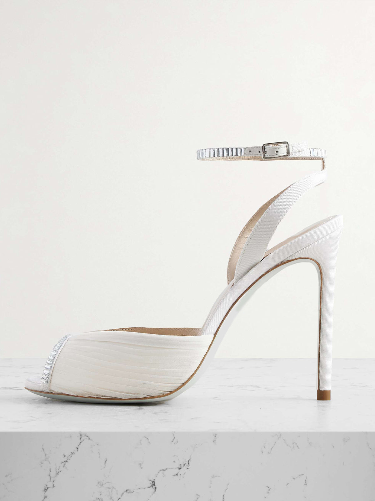 White Satin Mesh Round-Toe Ankle Strap High Heels Pumps With Crystals