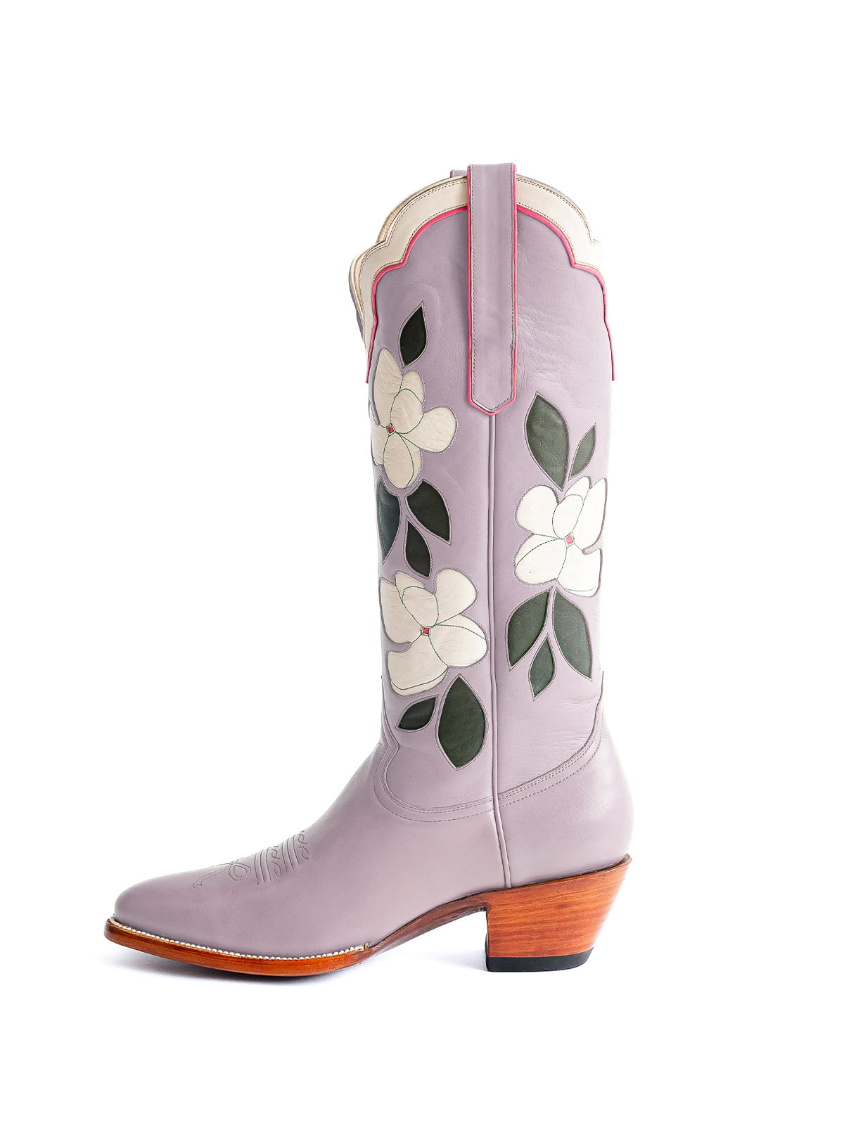 Purple Almond-Toe White Flower Inlay Wide Calf Knee High Cowgirl Boots